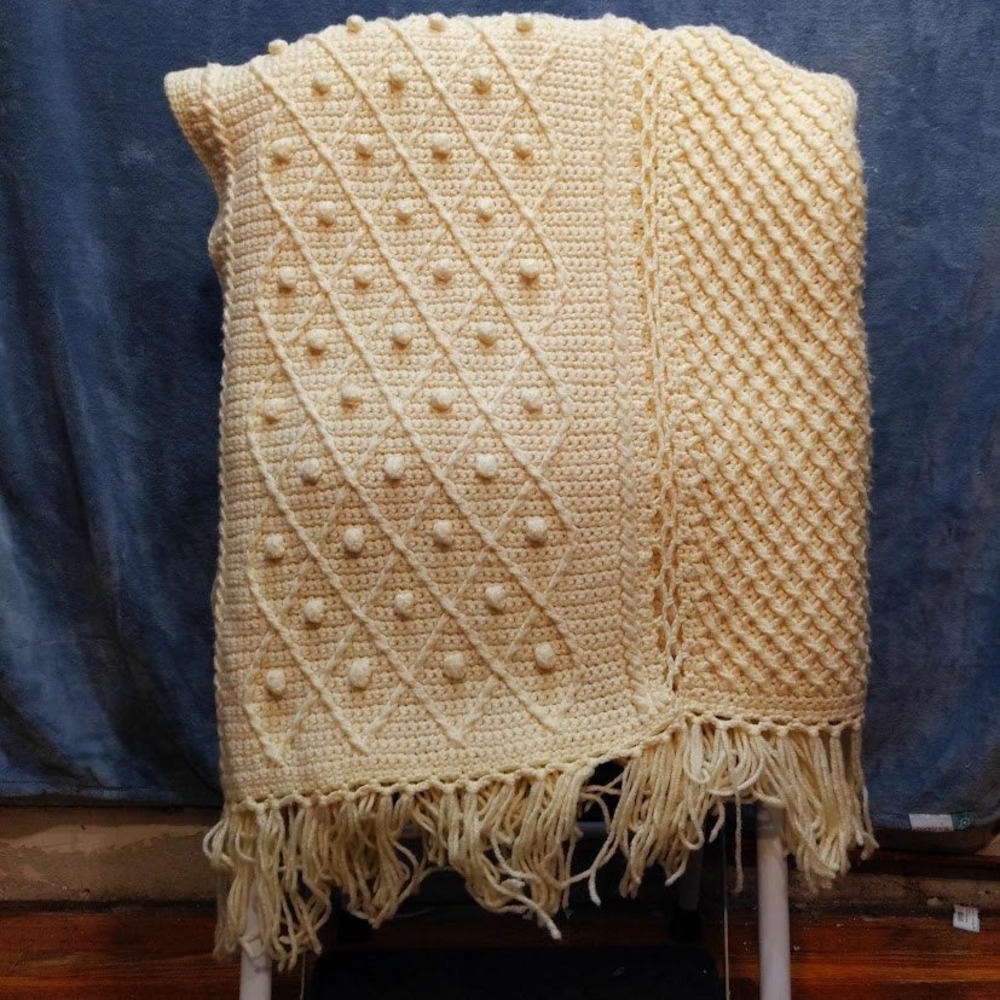 Vintage Handmade Aran Style Crochet Blanket 44x80" Cream Ivory Textured Fringe